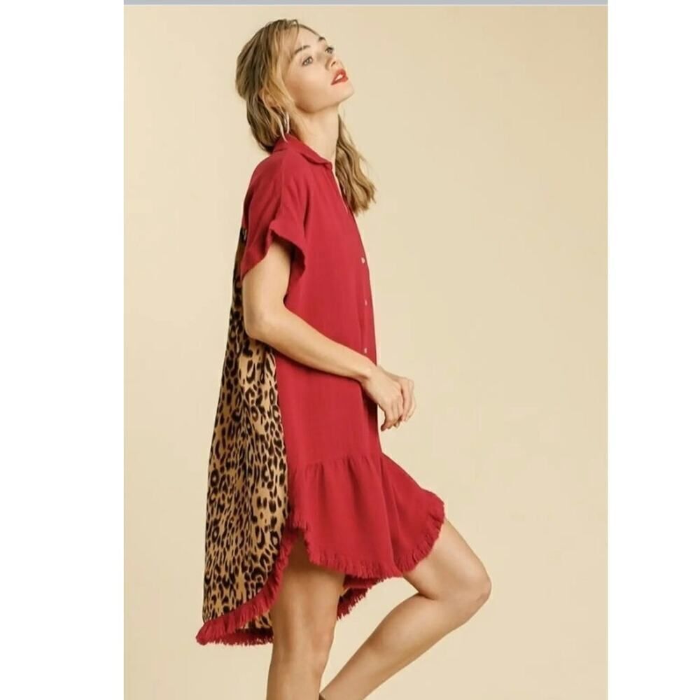 Umgee Linen Hi-Low Red Dress Leopard Print Back Fringe Short Sleeve Size S